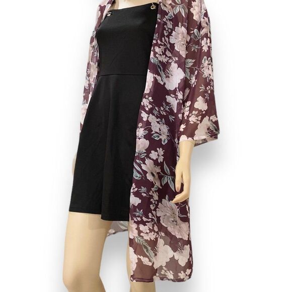 Floral Burgundy Thigh Length Summer Kimono Robe NEW - Picture 1 of 4